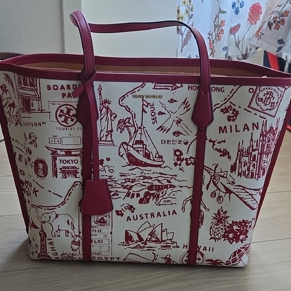 Tory Burch Red and White City Tote Bag